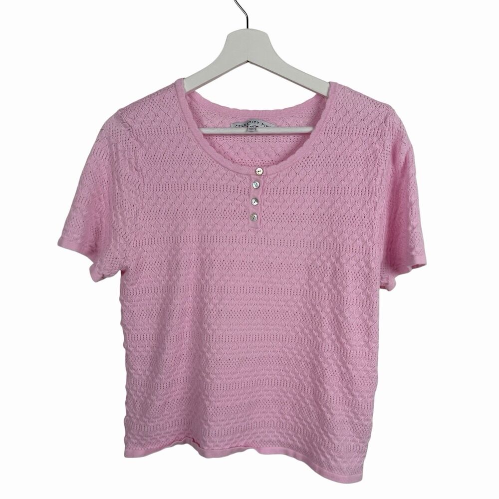 Celebrity Pink Top XXL Pointelle Scoop Neck Henley Short Sleeve Coquette Ballet